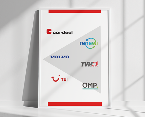 Logo's van klanten zoals TUI, JBC en Renewi die rekenen op de expertise van TriFinance voor controlling, bookkeeping en finance management. 
