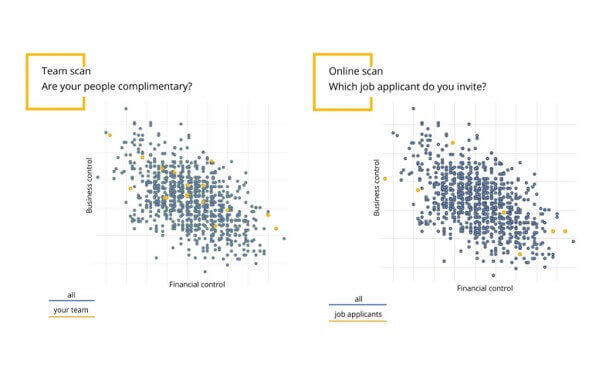 De resultaten van de online scans maken het mogelijk om individuen en teams te mappen op basis van hun vaardigheden en hun werkelijke potentieel.